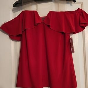 Red cold shoulder nude mesh top